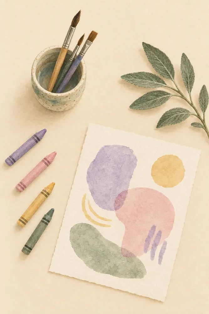 Pinceles, crayones y una hoja con formas de acuarela