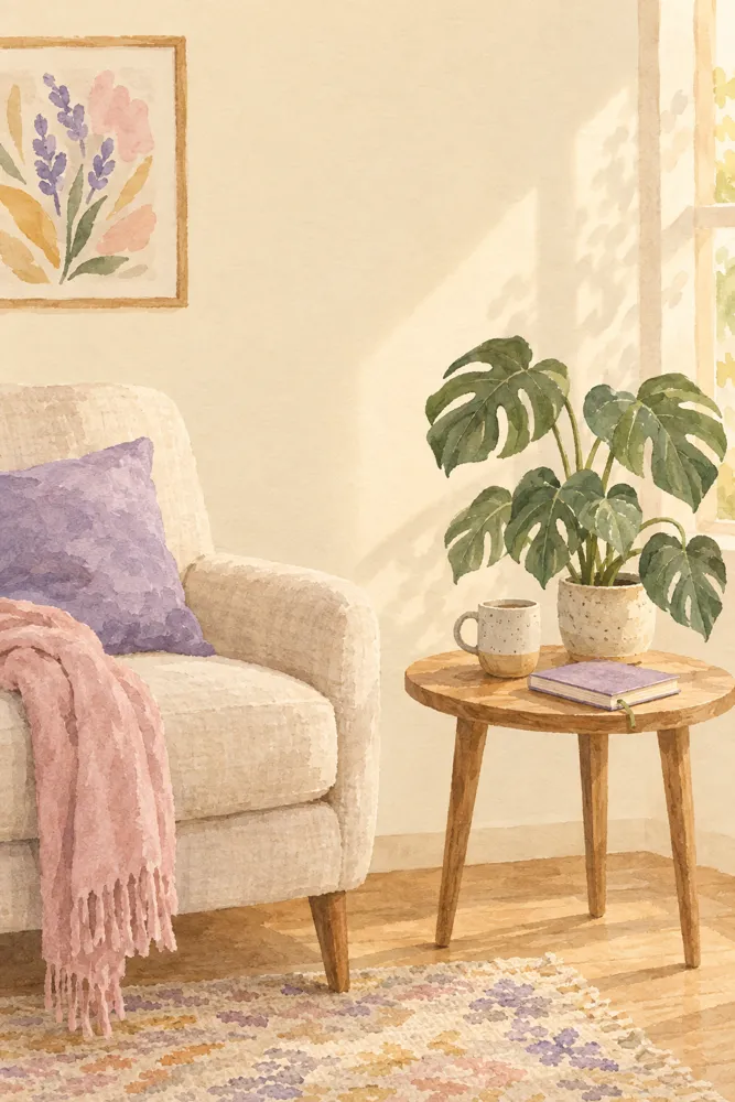 Ilustración de un consultorio acogedor con sillón, planta y mesa auxiliar